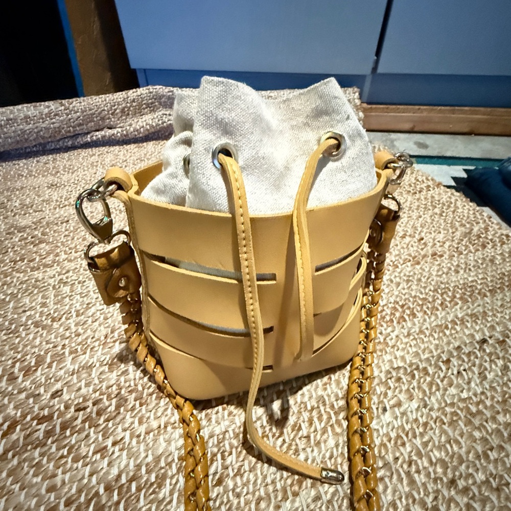 Mini Beige Cage Bucket Bag w/ Braided Chain Strap